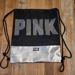 PINK Drawstring Gym Backpack- Silver